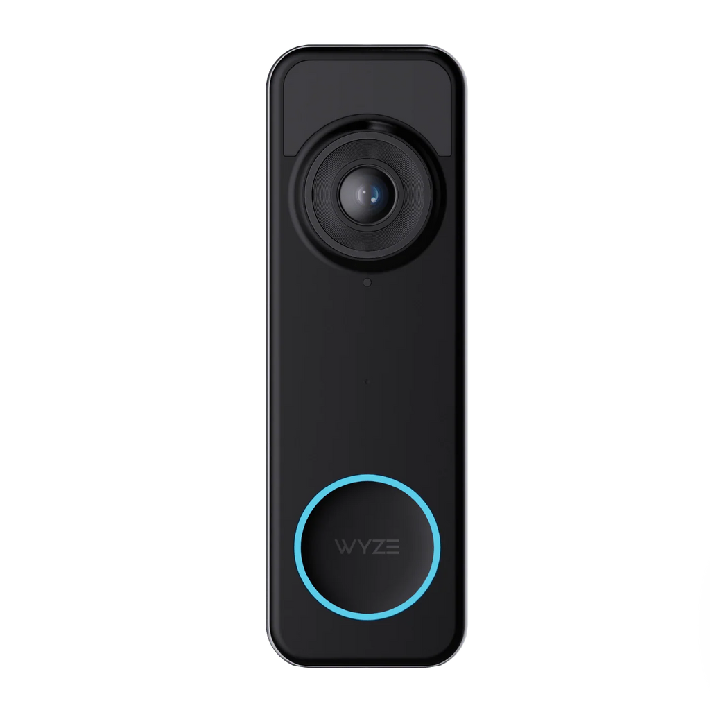 A black and blue video doorbell.