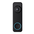 A black and blue video doorbell.