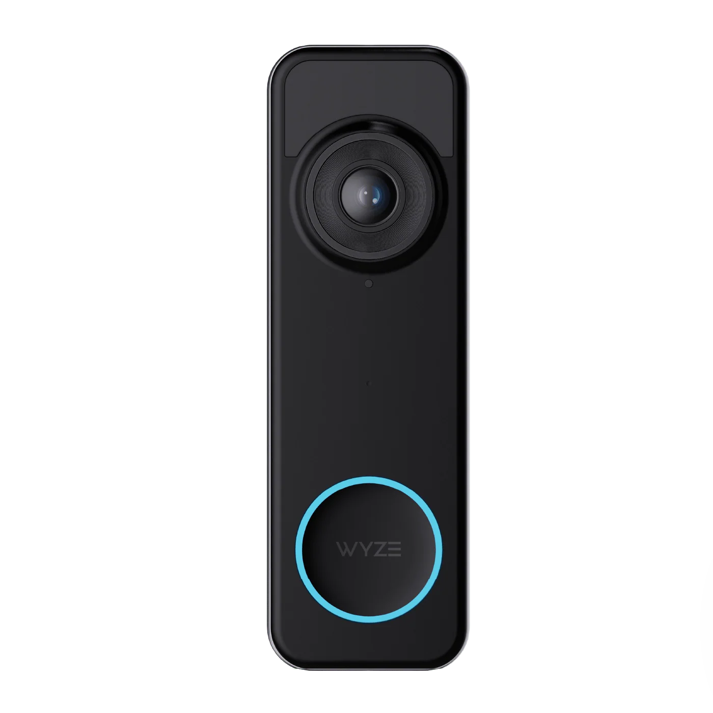 A black and blue video doorbell.