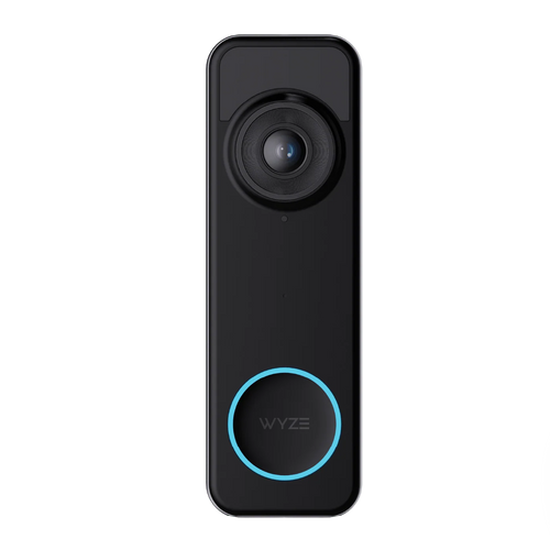 A black and blue video doorbell.